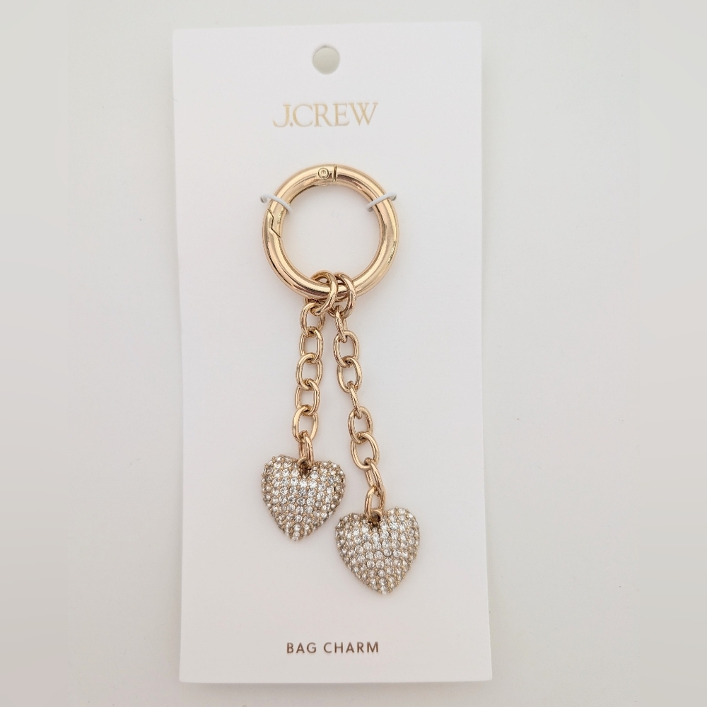 ❤️ J.Crew Gold Double Heart Rhinestone Bag Charm Keychain Purse Charm NWT